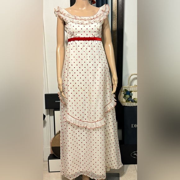 Vintage 1960s white and red polka dots gown with ruffles Size Small - Picture 1 of 12